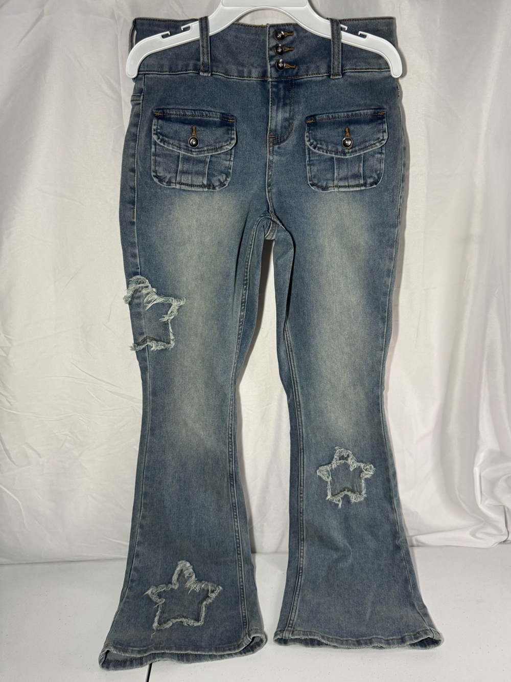 Hot Topic Distressed Star Flare Jeans - Washed Denim Blue
